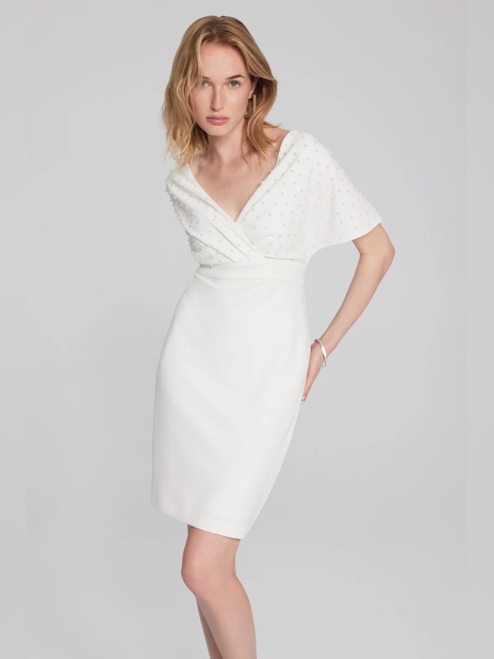 Joseph Ribkoff NWT White Pearl-Embellished V-Neck Sheath Dress